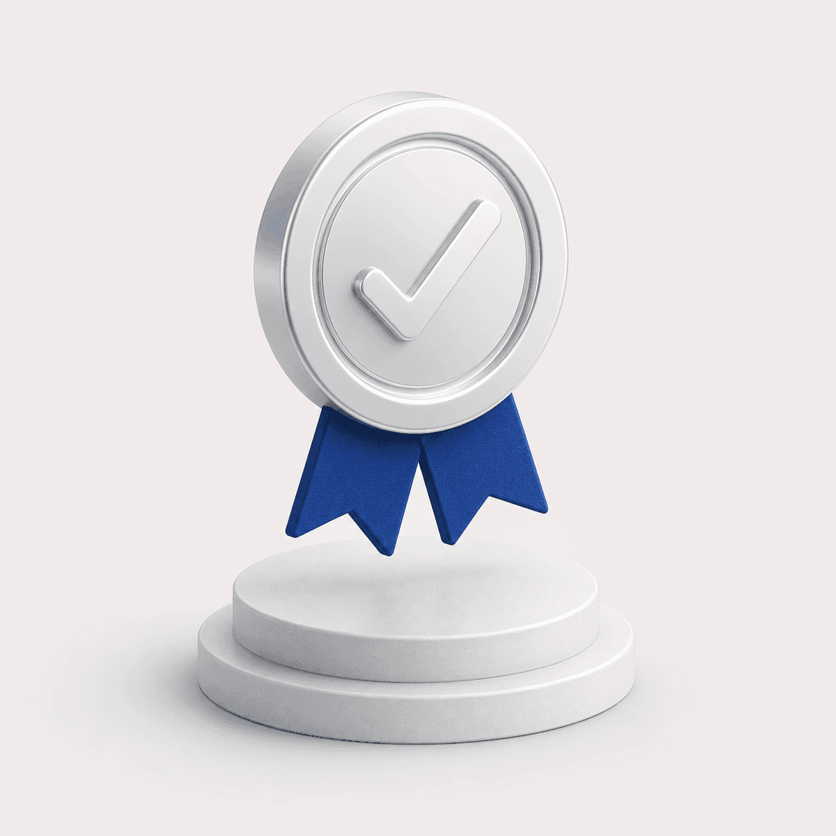 A certification medal with a checkmark and ribbon.